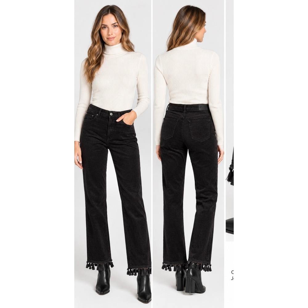 Paige Black Velvet Straight Leg Tassel Fringe Hem Pants Womens 29 High Rise